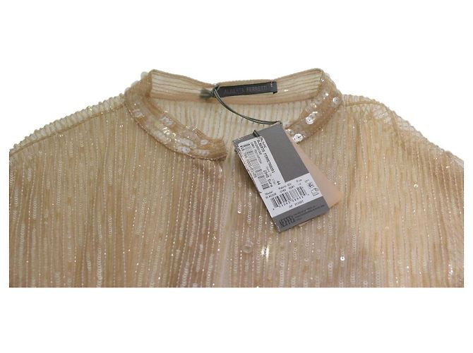 NWT Alberta Ferretti Blusa Transparente de Seda com Apliques de Lantejoulas Nudes Top de Noite IT 44 Bege - vista 5