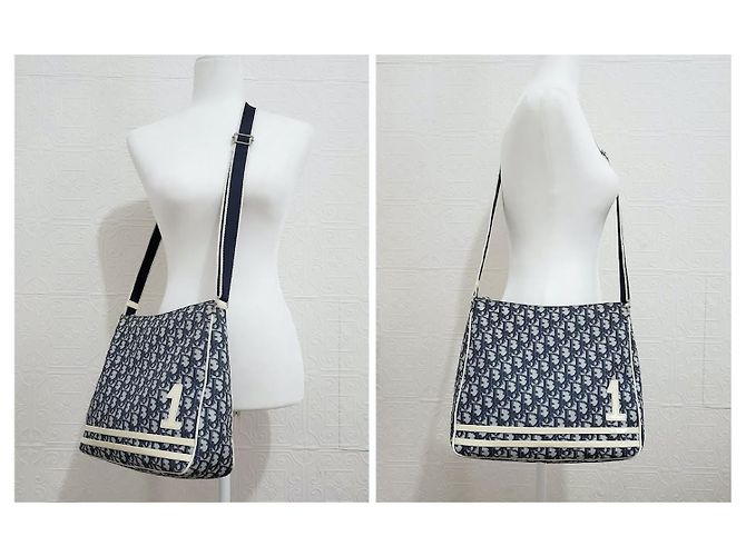 Christian Dior Trotter Oblique Umhängetasche Weiß Marineblau Silber Hardware - Ansicht 4