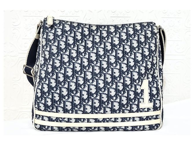 Christian Dior Trotter Oblique Umhängetasche Weiß Marineblau Silber Hardware - Ansicht 5