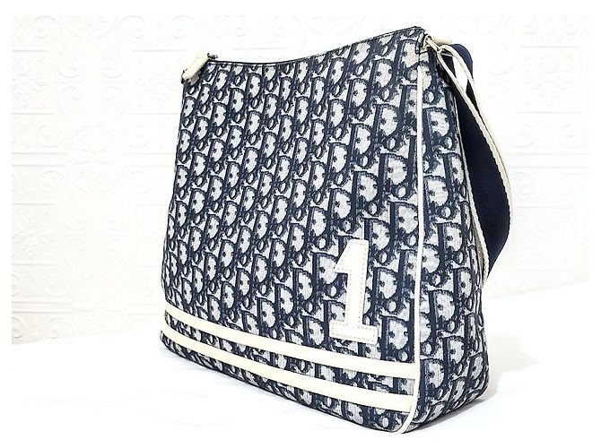 Christian Dior Trotter Oblique Umhängetasche Weiß Marineblau Silber Hardware - Ansicht 7