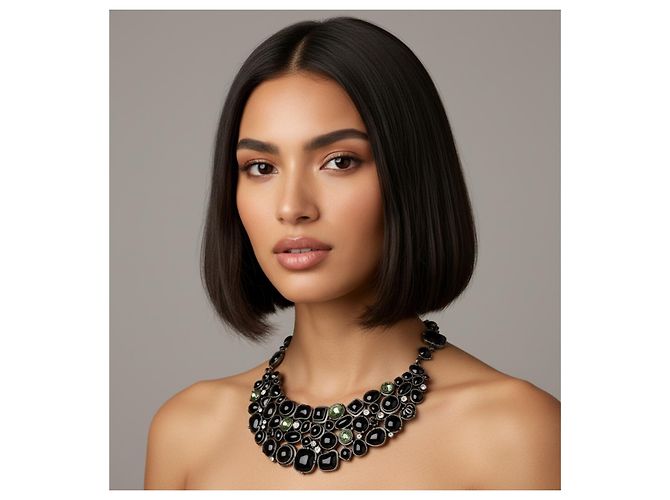 Collana Statement Bib Gripoix con CC in Cristalli Neri Rara Chanel 08A Nero Argento Metallico Silver hardware - vista 5