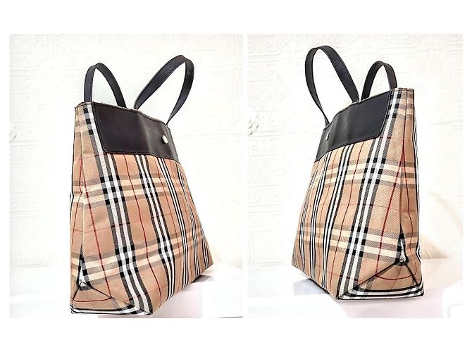 Borsa tote Burberry in pelle nera e tela a quadri Nero Marrone chiaro - vista 7