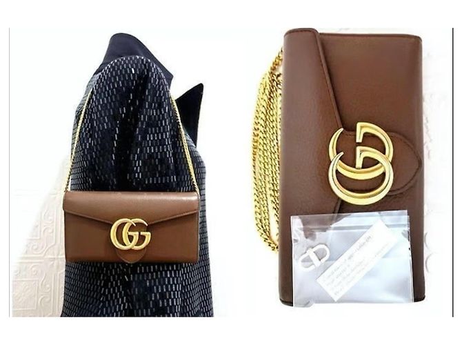 Portafoglio Gucci GG Marmont in pelle di vitello marrone e oro Gold hardware - vista 13