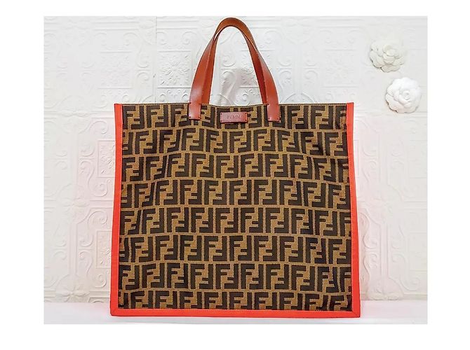 Borsa Shopper Fendi FF Zucca Jacquard Marrone Rosso - vista 6