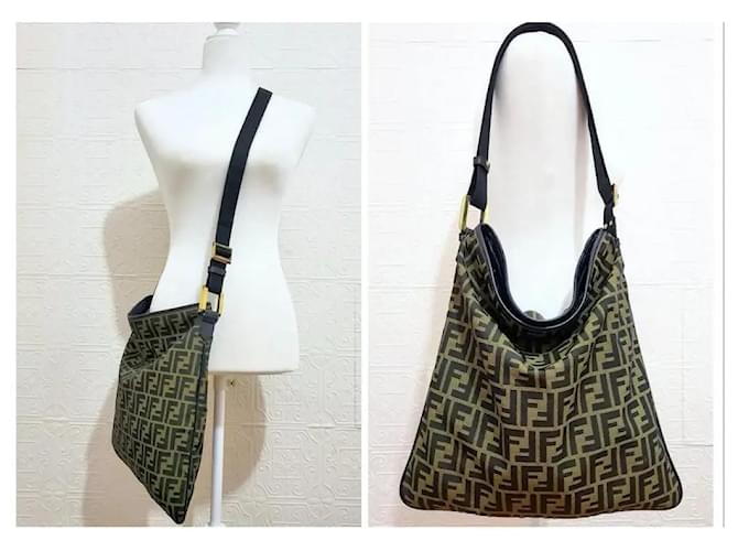 Zucca Fendi Borsa a Spalla per Computer Verde Oliva e Nero Marrone - vista 5