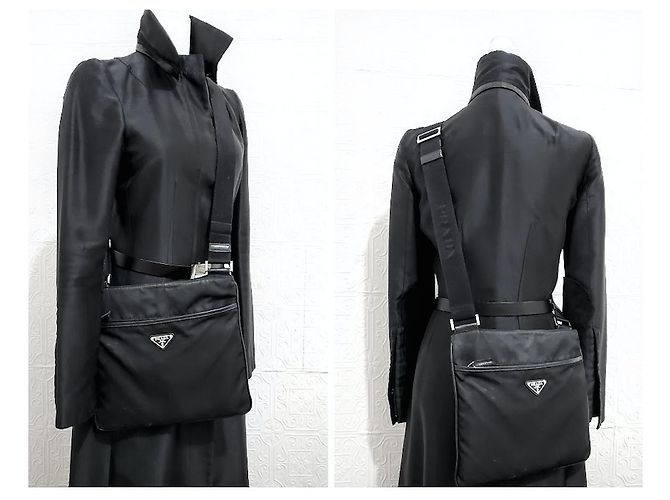Borsa messenger Prada in nylon e pelle Saffiano nera Nero - vista 6