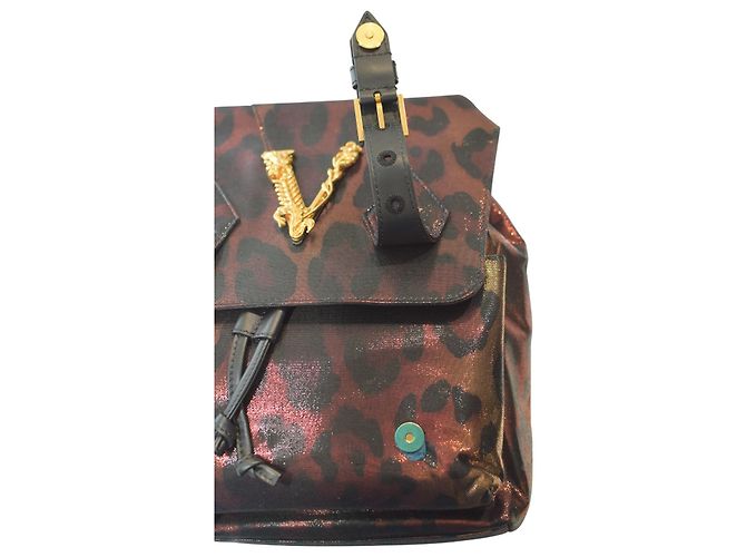 Zaino in pelle metallica con stampa leopardata Virtus di Gianni Versace con logo V barocco dorato Multicolore - vista 13