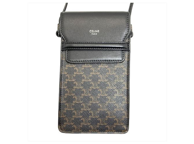 Céline Borsa a spalla con pochette mobile in tela e pelle di agnello Celine Triomphe Nero - vista 3