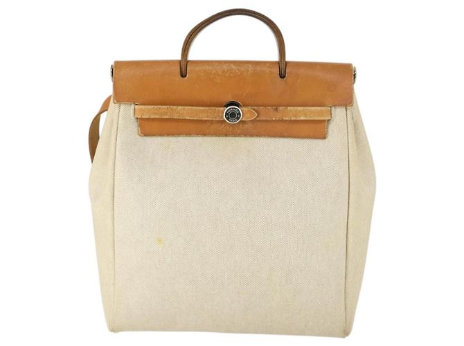 Hermès HERMES Herbag Ad PM Rucksack Canvas Leder 2in1 Beige Silber Auth 168174 - Ansicht 2