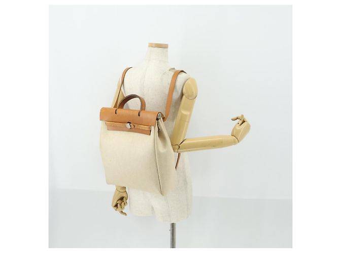 Hermès HERMES Herbag Ad PM Rucksack Canvas Leder 2in1 Beige Silber Auth 168174 - Ansicht 28