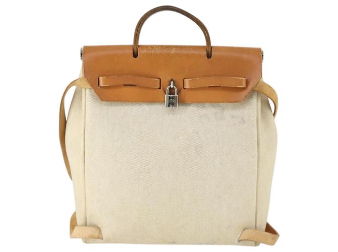 Hermès HERMES Herbag Ad PM Rucksack Canvas Leder 2in1 Beige Silber Auth 168174 - Ansicht 3