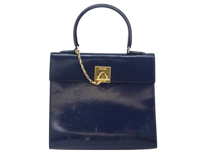 Céline Borsa a mano CELINE in pelle blu navy oro Auth 171637 D'oro - vista 2