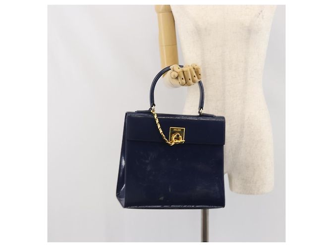 Céline Borsa a mano CELINE in pelle blu navy oro Auth 171637 D'oro - vista 23