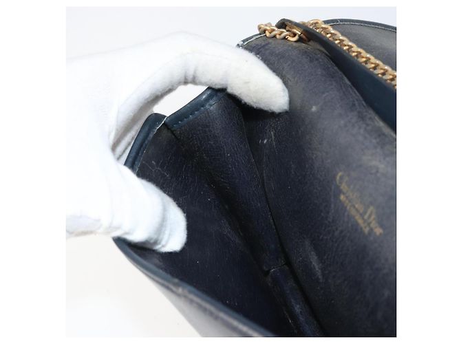 Christian Dior Chain Shoulder Bag Leather Navy Gold Auth ti3768 Golden Navy blue - view 21