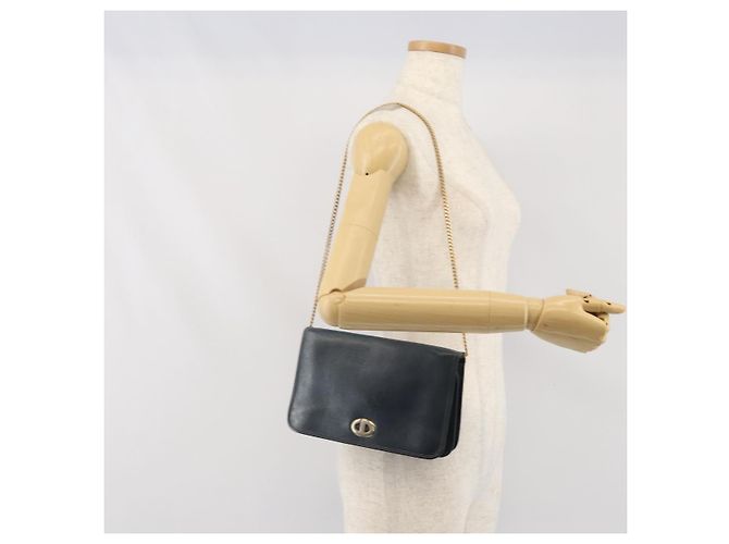 Christian Dior Chain Shoulder Bag Leather Navy Gold Auth ti3768 Golden Navy blue - view 22
