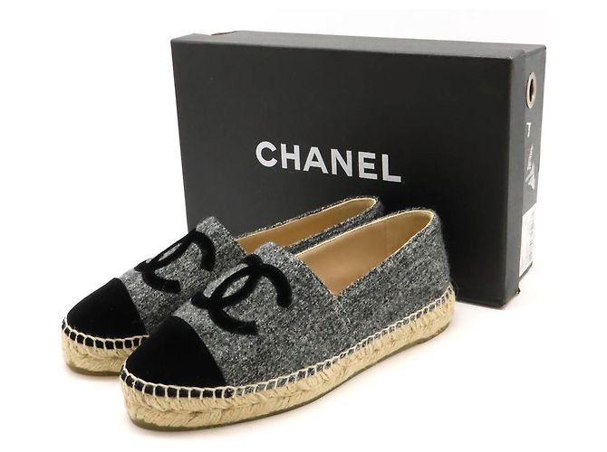 Chanel Espadrilles de Lin Lã Veludo Planas Marrom Preto - vista 8