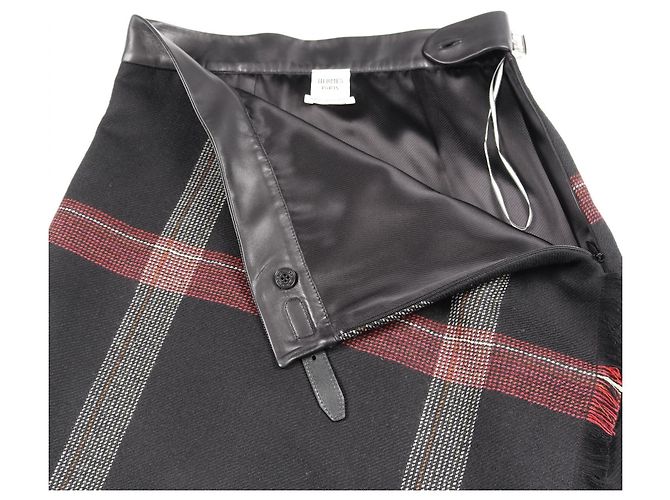 Falda de lana y cuero Hermès Negro Roja Multicolor - vista 6
