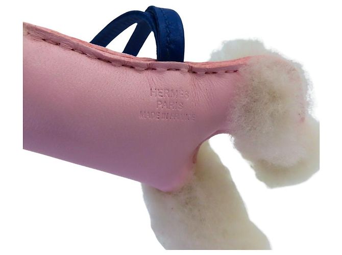 Hermès Buddy Leder-Woll-Baumwoll-Anhänger Weiß Blau - Ansicht 7