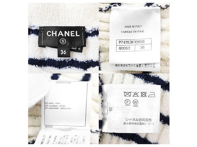 Timeless Chanel P74153 Wollmischung Kleid Weiß Roh Marineblau - Ansicht 10