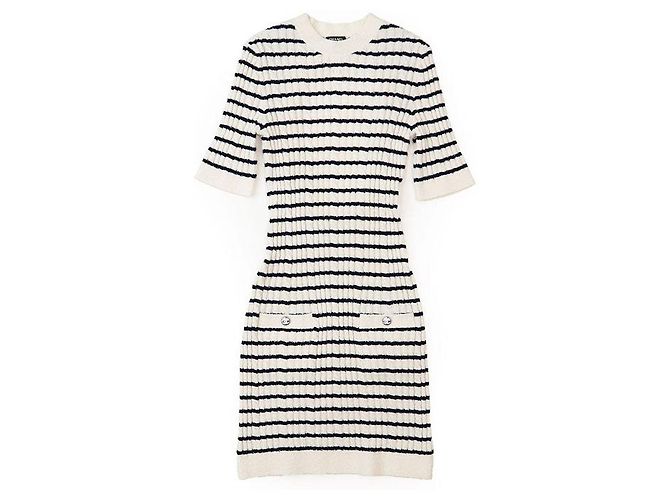 Timeless Chanel P74153 Wollmischung Kleid Weiß Roh Marineblau - Ansicht 11
