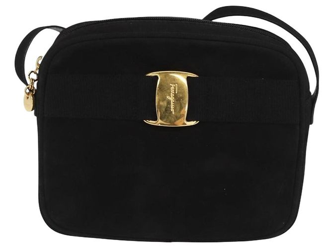 Bolsa de Ombro Vala em Camurça Preta e Dourada Auth BA10372 da Salvatore Ferragamo Preto Dourado - vista 2