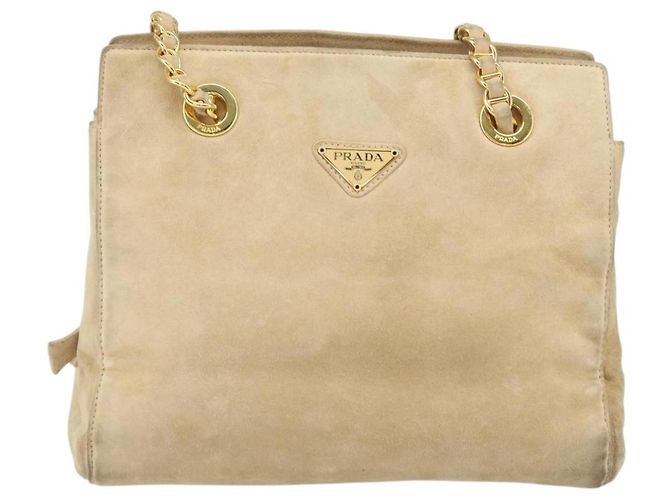 PRADA Ketten-Schultertasche Wildleder Beige Gold Auth 169631 Golden - Ansicht 13
