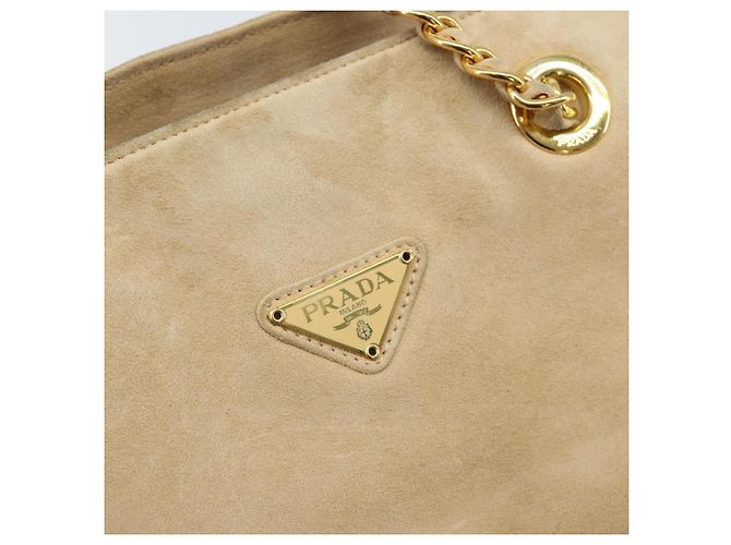 PRADA Ketten-Schultertasche Wildleder Beige Gold Auth 169631 Golden - Ansicht 18