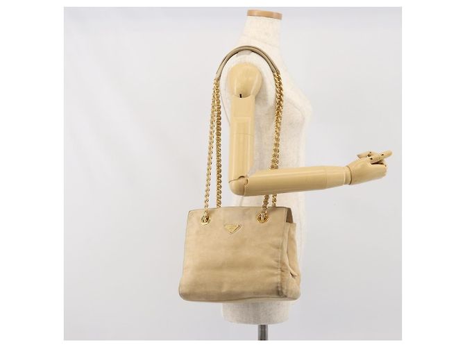 PRADA Ketten-Schultertasche Wildleder Beige Gold Auth 169631 Golden - Ansicht 27