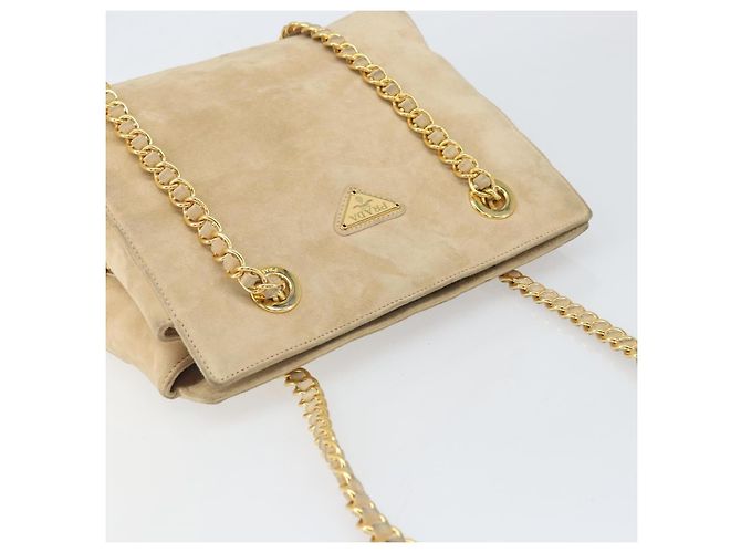 PRADA Ketten-Schultertasche Wildleder Beige Gold Auth 169631 Golden - Ansicht 6