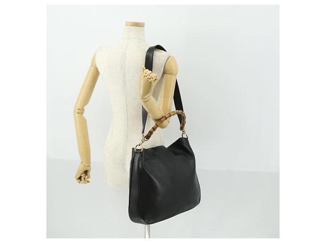 Borsa a spalla Gucci Bamboo in pelle 2 in 1 Nero Oro 001 1577 Auth 166021 D'oro - vista 23