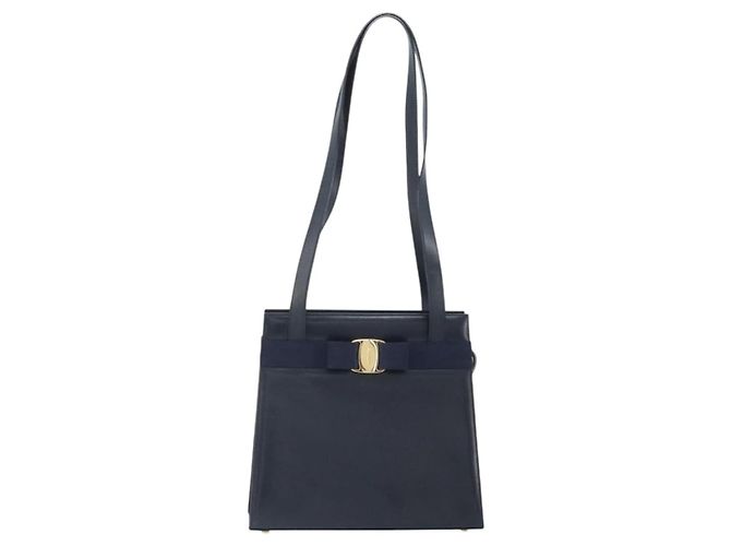 Borsa a Spalla Vara Ribbon in Pelle Blu Navy e Oro Auth BA10602 di Salvatore Ferragamo - vista 2
