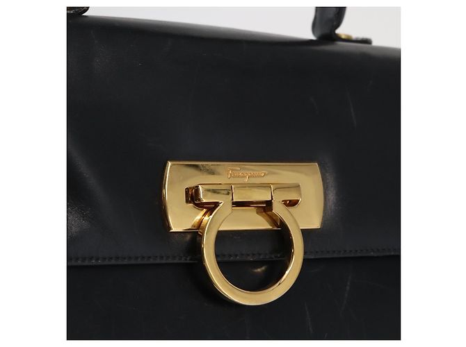 Borsa a mano in pelle Gancini Salvatore Ferragamo 2 in 1 Blu Navy Oro Auth 170776 - vista 17