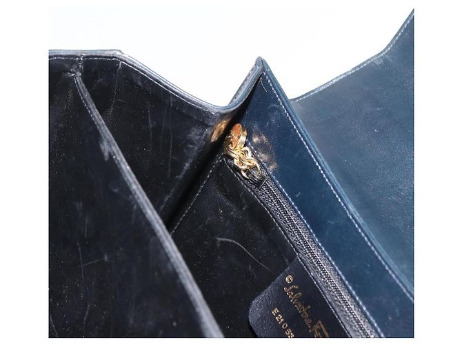 Borsa a mano in pelle Gancini Salvatore Ferragamo 2 in 1 Blu Navy Oro Auth 170776 - vista 26