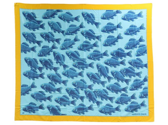 Großer Baumwollschal von Hermès Blau Gelb - Ansicht 2