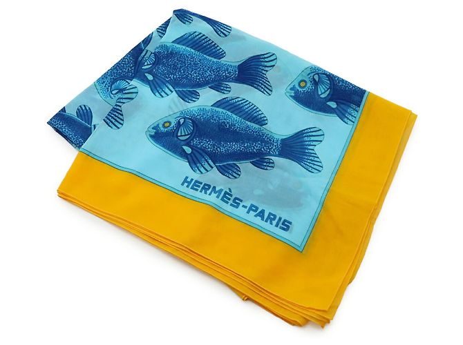 Großer Baumwollschal von Hermès Blau Gelb - Ansicht 3