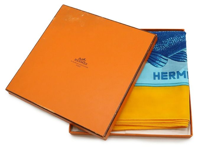 Großer Baumwollschal von Hermès Blau Gelb - Ansicht 7