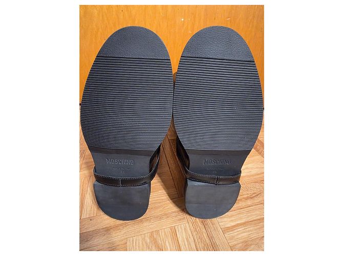 Nuevas botas altas de cuero negro Moschino con logo dorado talla 42 EU - vista 3