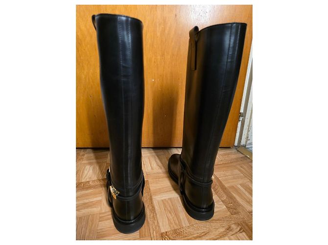 Nuevas botas altas de cuero negro Moschino con logo dorado talla 42 EU - vista 6