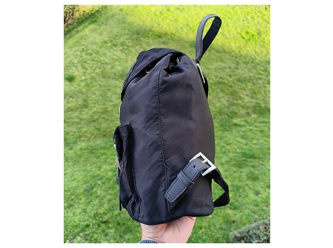 Prada black nylon backpack adorned with blue and white details - view 10