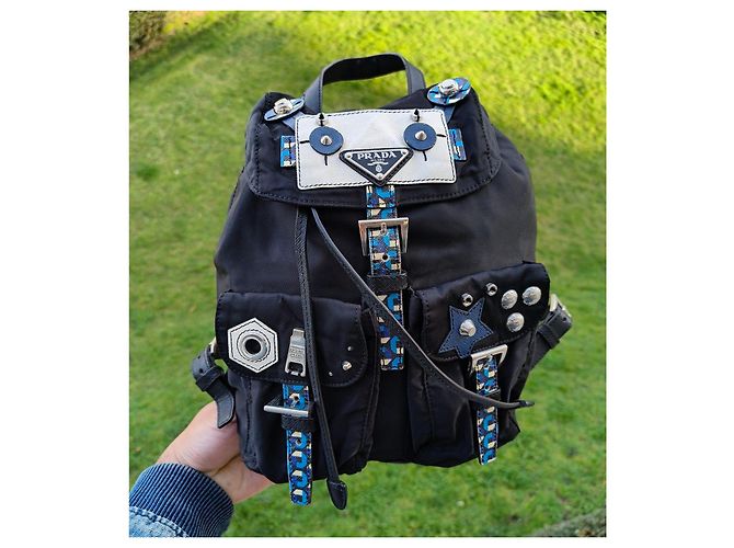Prada black nylon backpack adorned with blue and white details - view 2