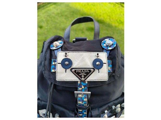 Prada black nylon backpack adorned with blue and white details - view 3