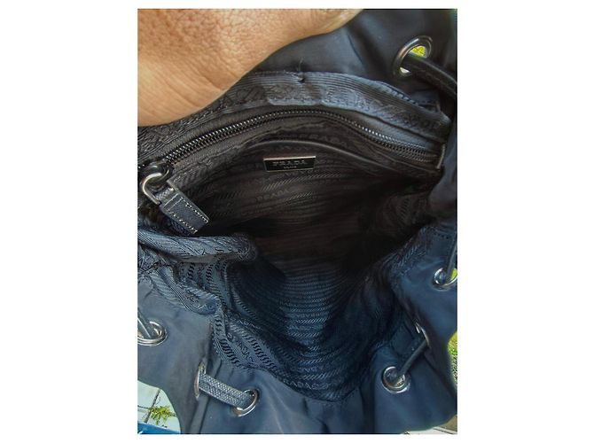 Prada black nylon backpack adorned with blue and white details - view 5
