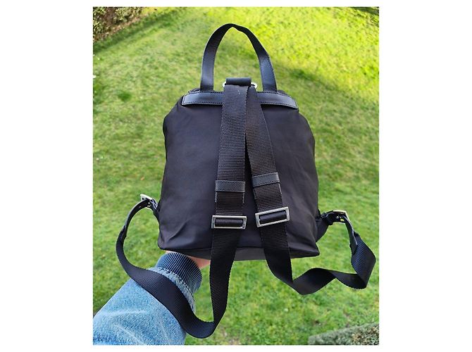 Prada black nylon backpack adorned with blue and white details - view 9