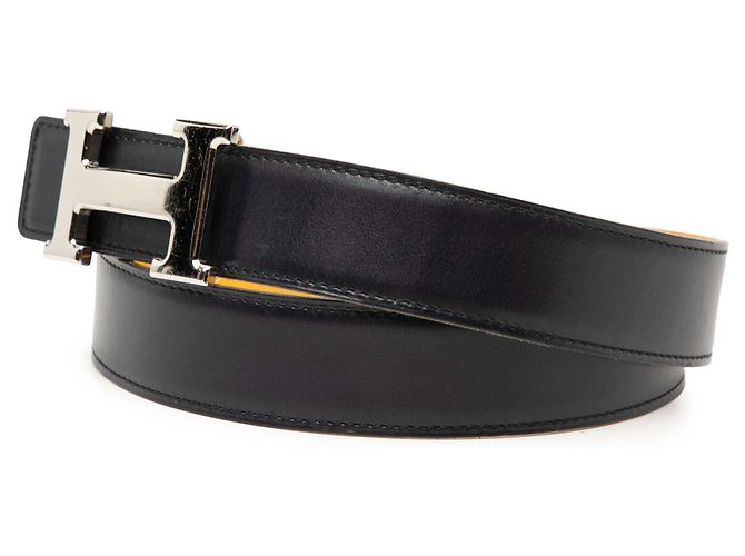 Cintura reversibile Constance H in vitello nero e Courchevel di Hermès Caramello - vista 2