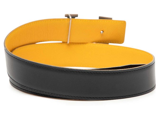 Cintura reversibile Constance H in vitello nero e Courchevel di Hermès Caramello - vista 3