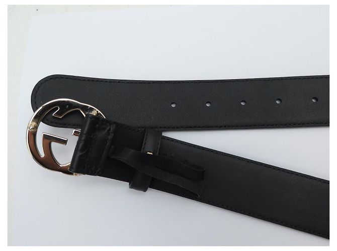 CEINTURE GUCCI BOUCLE GG ENTRELACE 370543 T75 EN CUIR MONOGRAMME NOIR BELT - vue 7