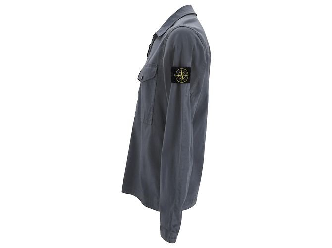 Camicia con zip e badge a bussola Stone Island in cotone grigio - vista 2