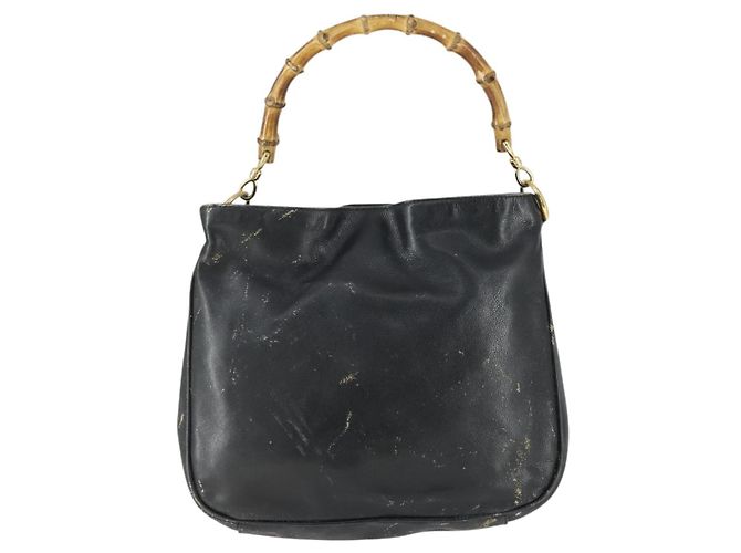 Borsa a mano in pelle nera e oro GUCCI Bamboo Auth 170494 Nero D'oro - vista 13