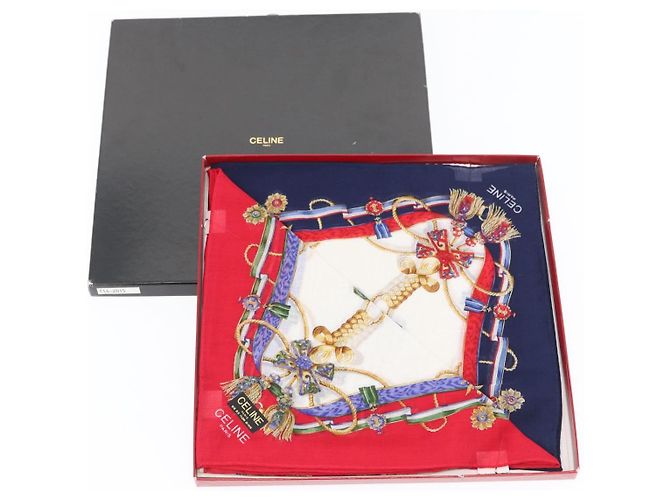Céline CELINE Set di 2 Fazzoletti in Cotone Blu Marino Rosso Auth am10748V Blu navy - vista 15