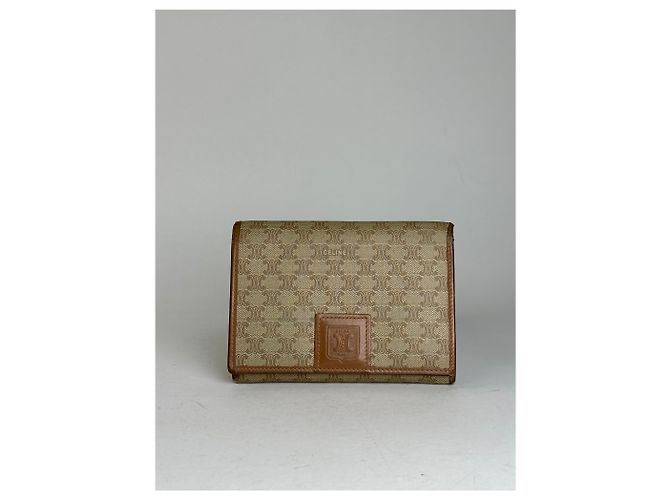 Triomphe Céline Vintage Celine Monogram Leather Wallet Beige Brown - view 9